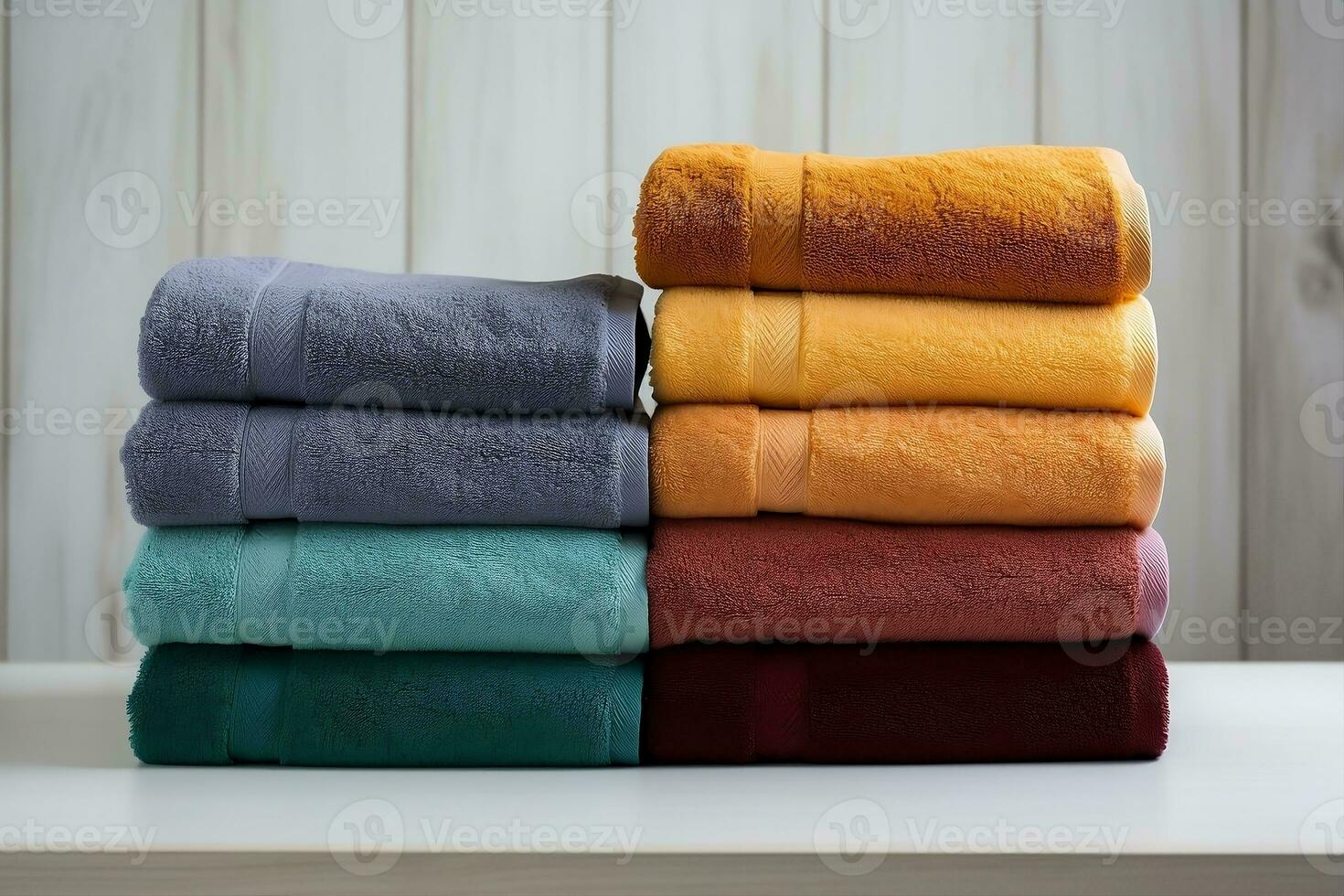 un conjunto de de colores toallas para ducha y spa en el estante. ai  generado 27530299 Foto de stock en Vecteezy