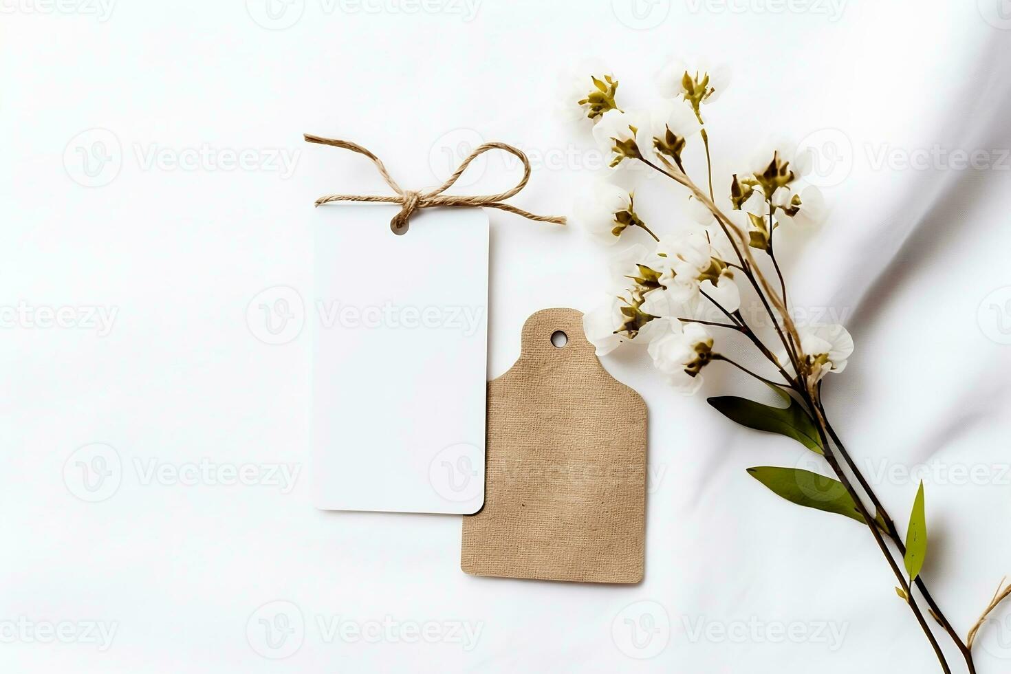 A mock - up of a white and brown empty tag with a rope. AI generated photo