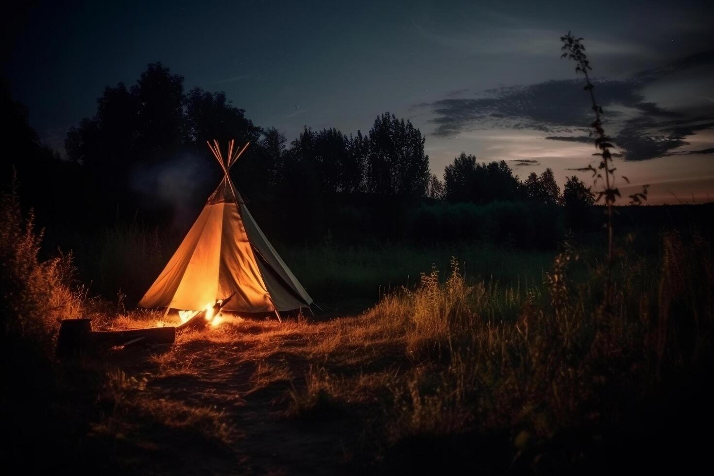 hoguera y tienda como verano vacaciones en salvaje naturaleza generativo ai foto