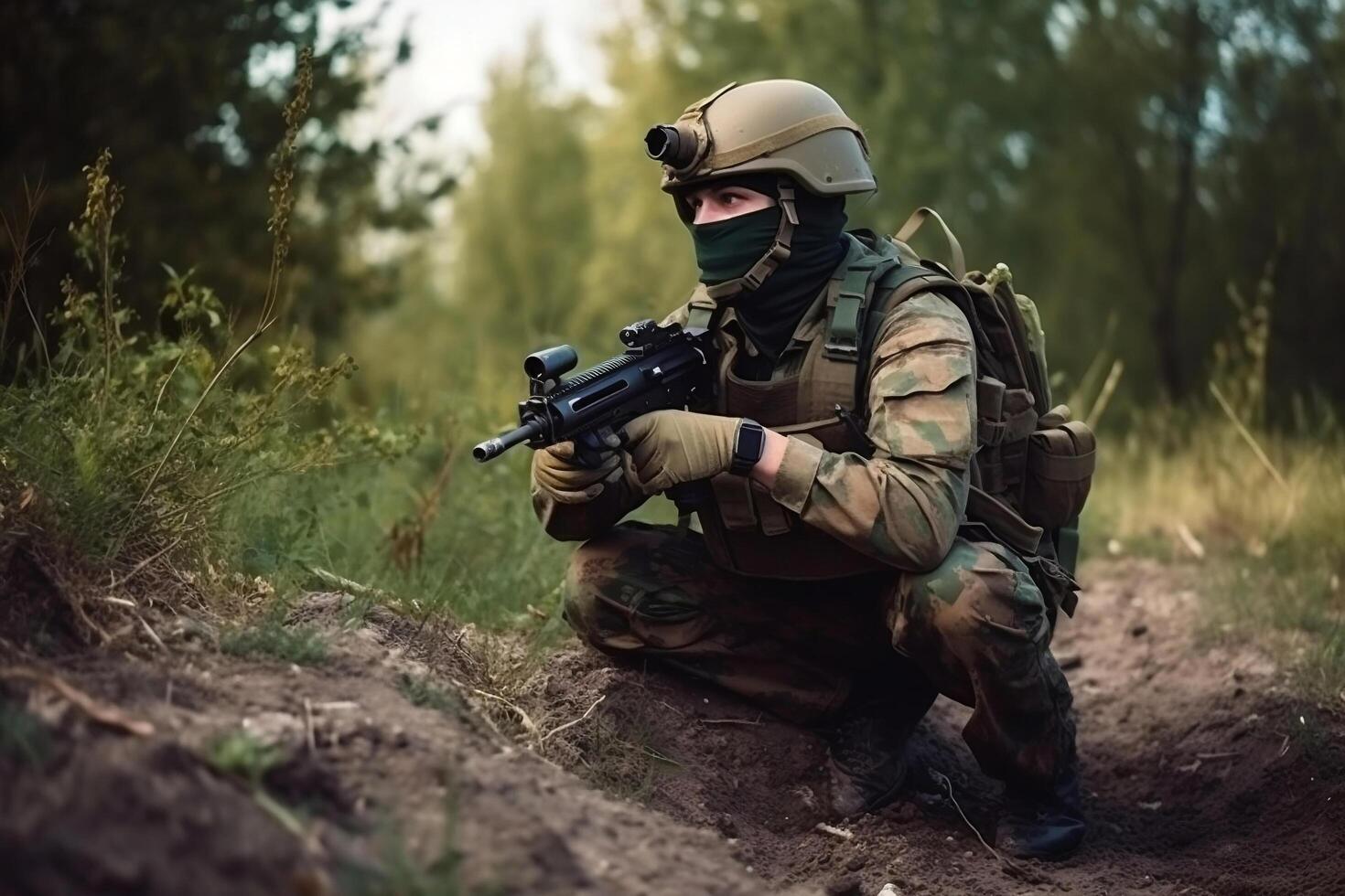 Armed soldier of the ground military forces explores the war zone photo