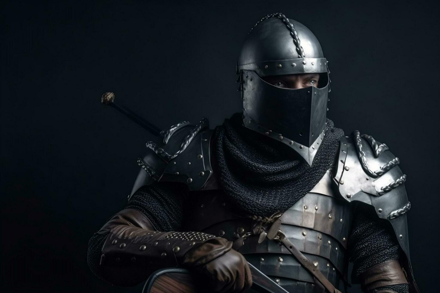 armado fantasía guerrero en metal armadura y casco generativo ai foto