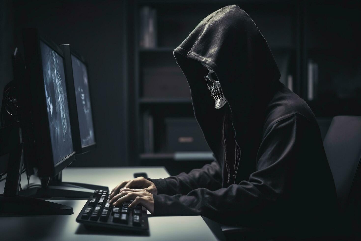 anónimo esqueleto hacker con capucha sentado siguiente a computadora generativo ai foto