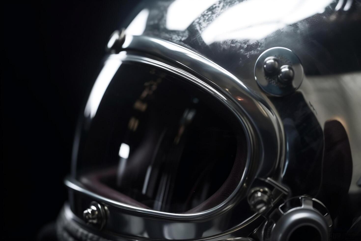 Astronaut helmet detail with glossy glass and reflections on metal surface photo