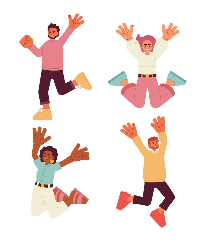 Happy people jumping semi flat color vector characters set. Multinational people. Raising arms up. Editable full body people on white. Simple cartoon spot illustration pack for web graphic design