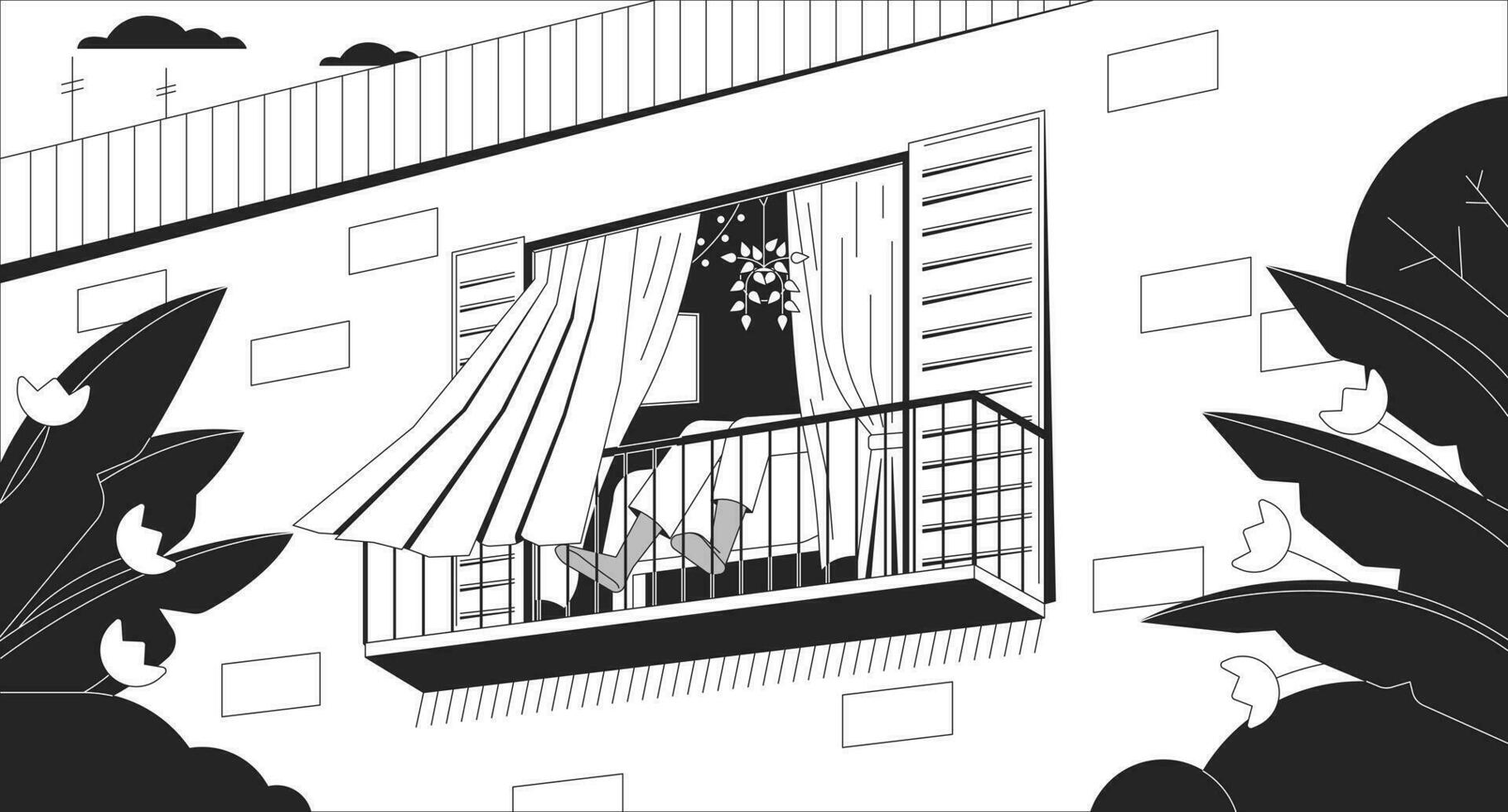 Relax on balcony black and white lo fi aesthetic wallpaper. Curtains blowing in wind outline 2D vector cartoon interior illustration, monochrome lofi background. Bw 90s retro album art, chill vibes