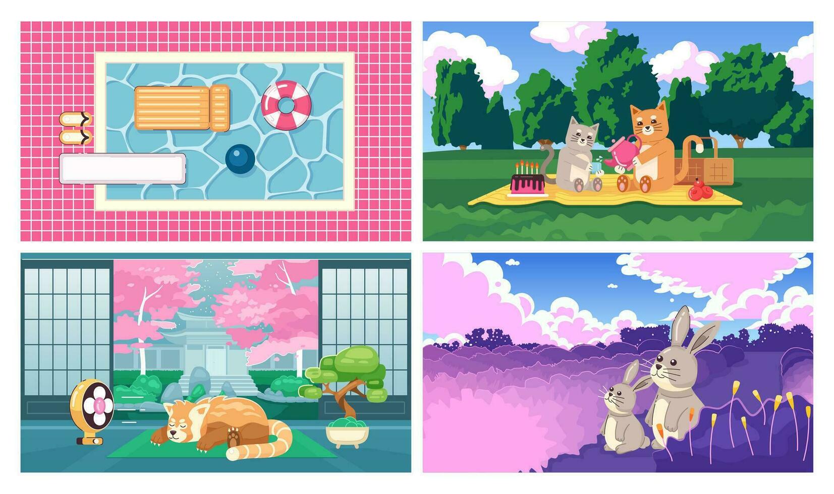 Kawaii animals cute chill lo fi wallpapers set. Lounge zone. Swimming pool. 2D vector cartoon characters, interior, landscape illustrations, lofi anime backgrounds. 90s kawaii aesthetic, dreamy vibes