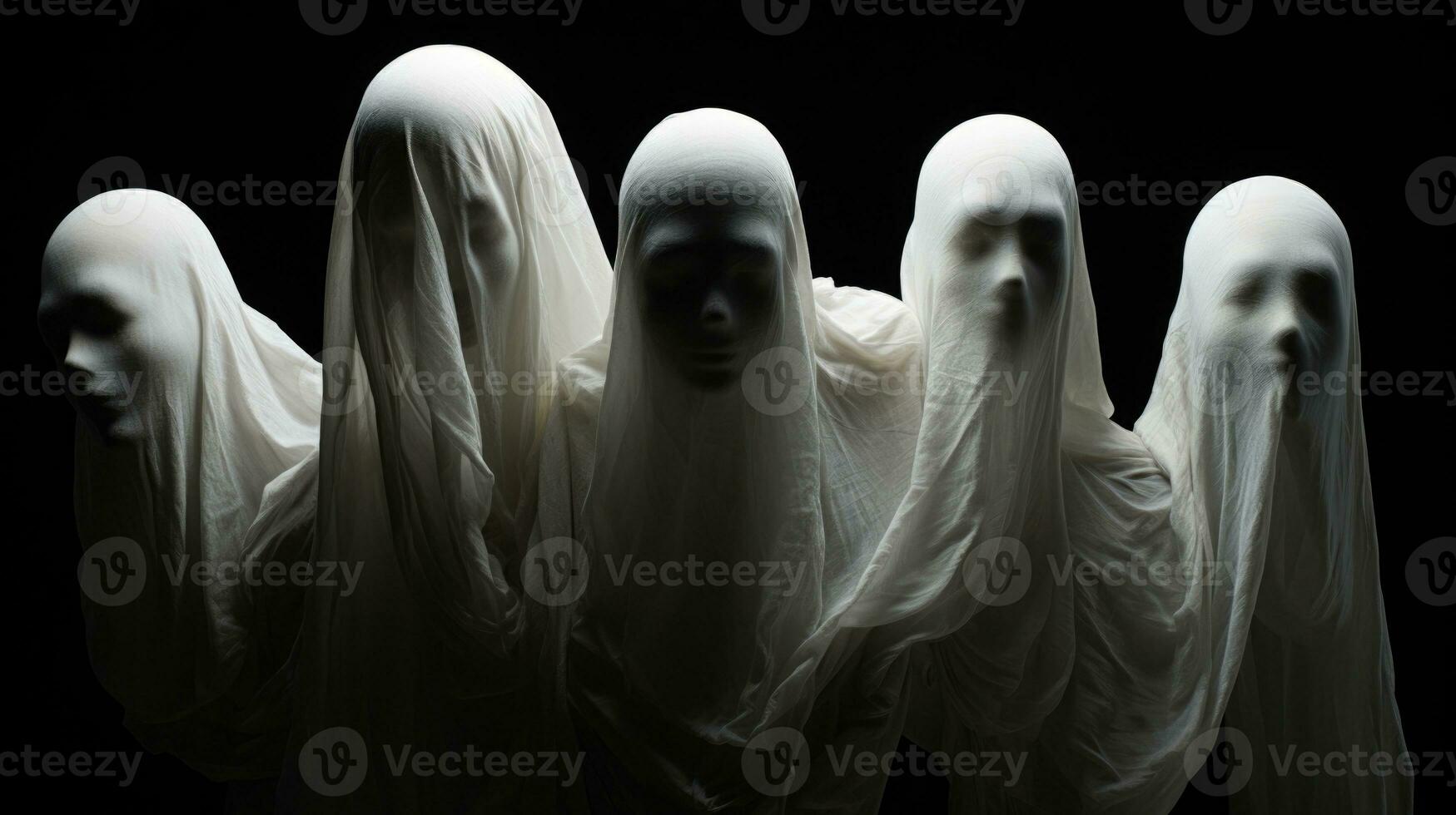 Ghosts under white sheets. AI generated photo