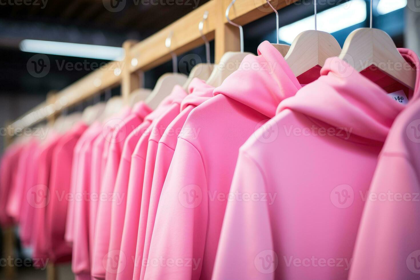 Pink things with a hood are hanging on a hanger in the store. generated by artificial intelligence. generated by artificial intelligence photo