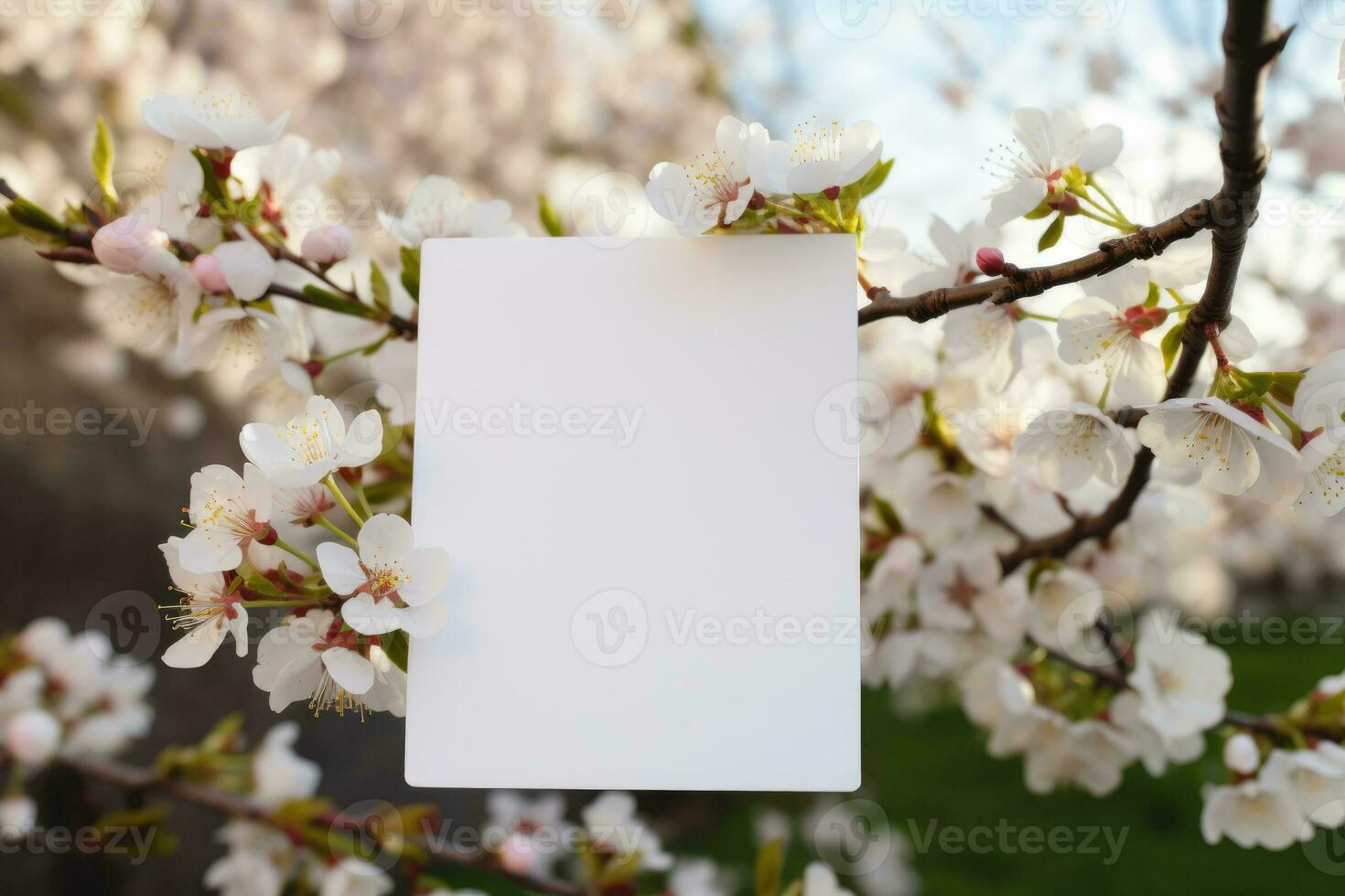 A white blank sheet of paper hangs on a blooming spring tree . Postcard layout, place for text. AI generated photo