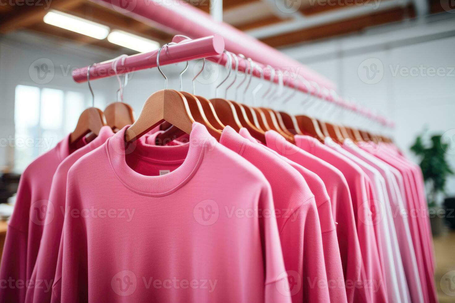 Pink sweatshirts hang on hangers in the store. generated by artificial intelligence photo