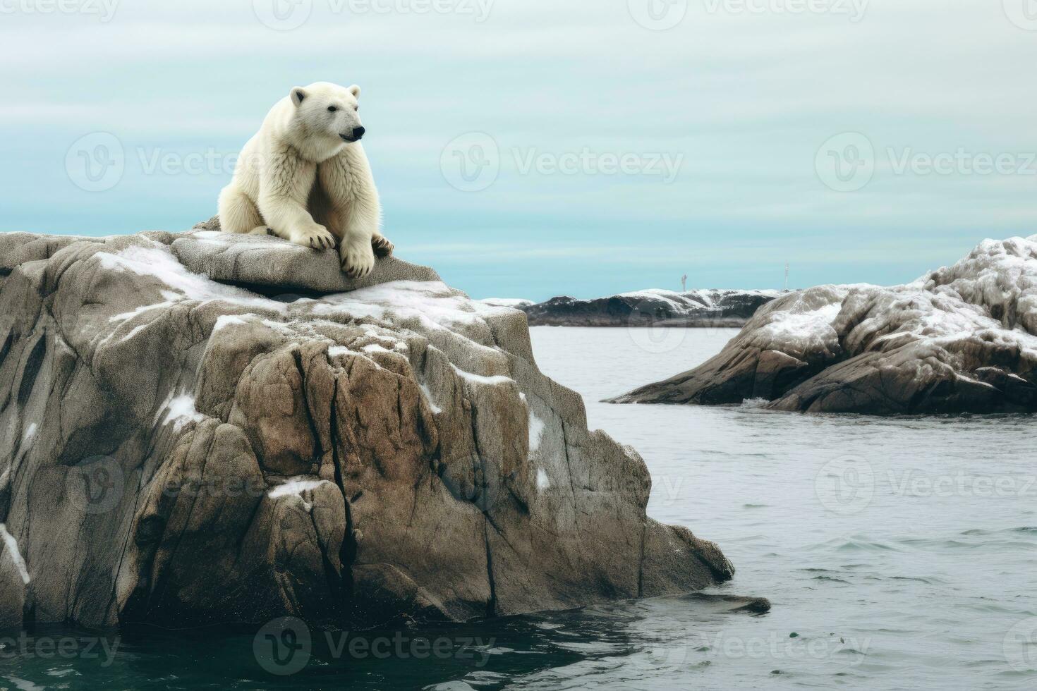 A white polar bear is sitting on a rock .. generated by artificial intelligence photo