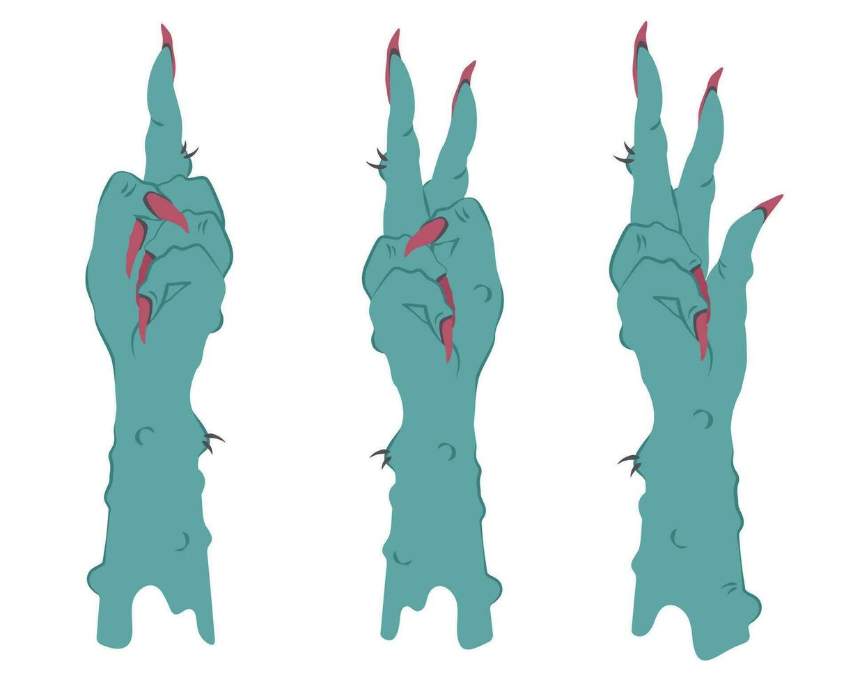 Spooky Hands of monster, witch. Zombie's hands counting by showing fingers. Set of creepy cartoon fingers isolated. Counting on fingers. Vector illustration for decoration Halloween party, holiday