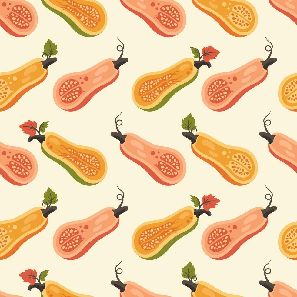 Pumpkin seamless pattern. Autumn background with half of pumpkin, leaves, pulp, seeds. Thanksgiving day. Seasonal harvest. Vector illustration for wallpapers, textile, wrapping paper, print