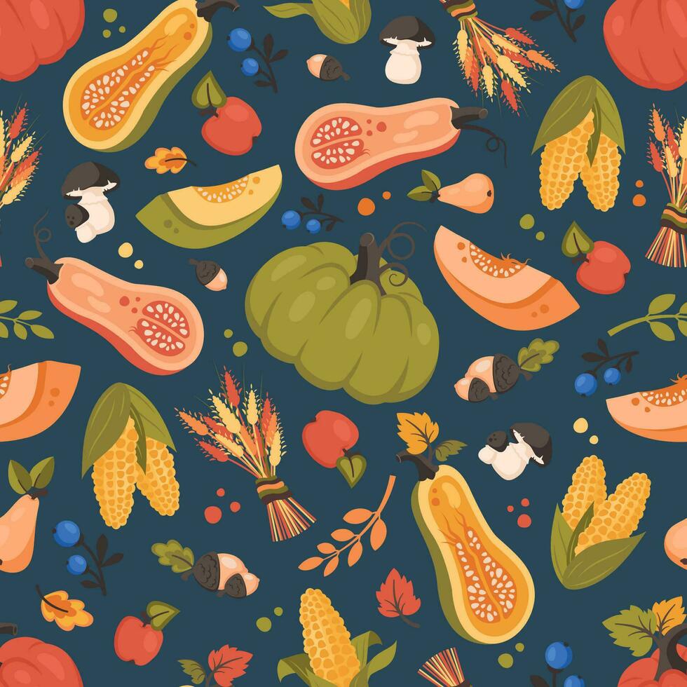 Autumn seamless pattern. Fall background with pumpkin, leaves, wheat, berries, mushroom. Thanksgiving day. Seasonal harvest. Vector illustration for wallpapers, textile, web, notebooks, wrapping paper