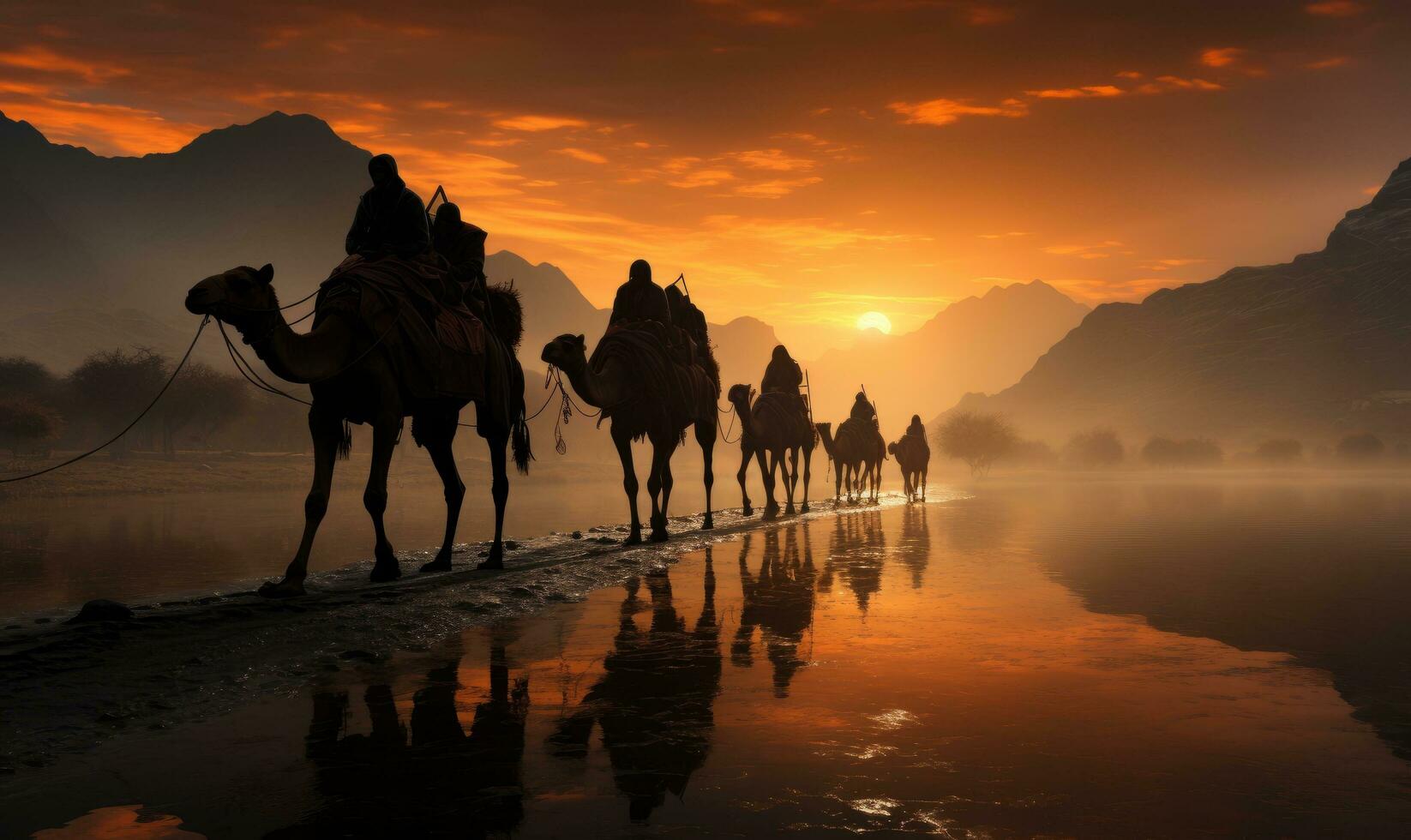 Desierto safari camello paseo a amanecer, generativo ai foto