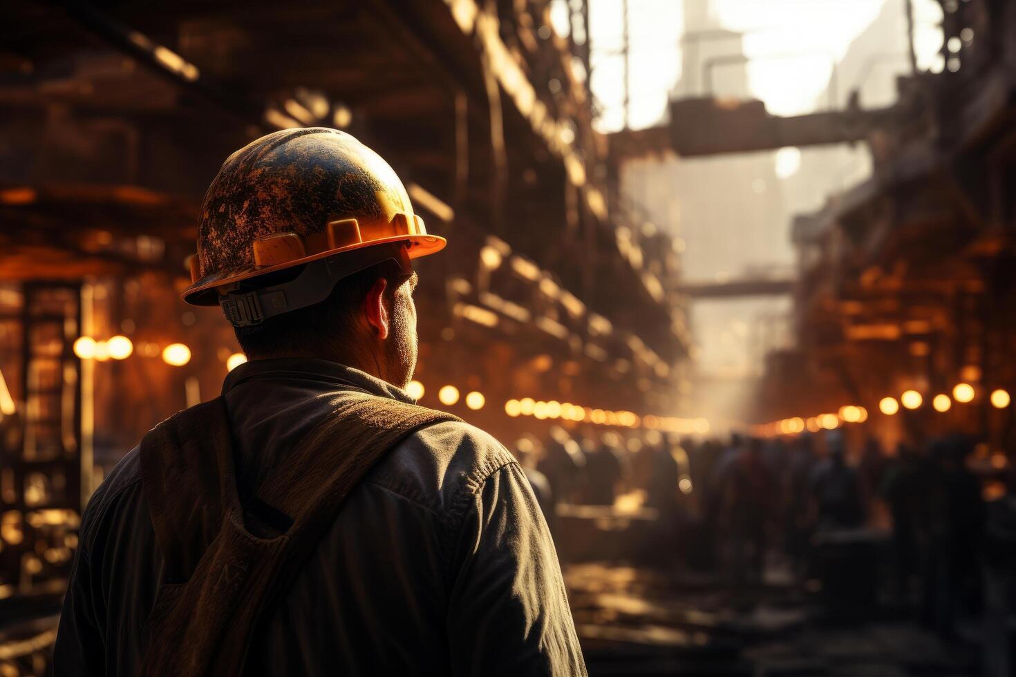 hombres vistiendo casco con compañeros de trabajo a construir un nuevo fábrica, generativo ai foto