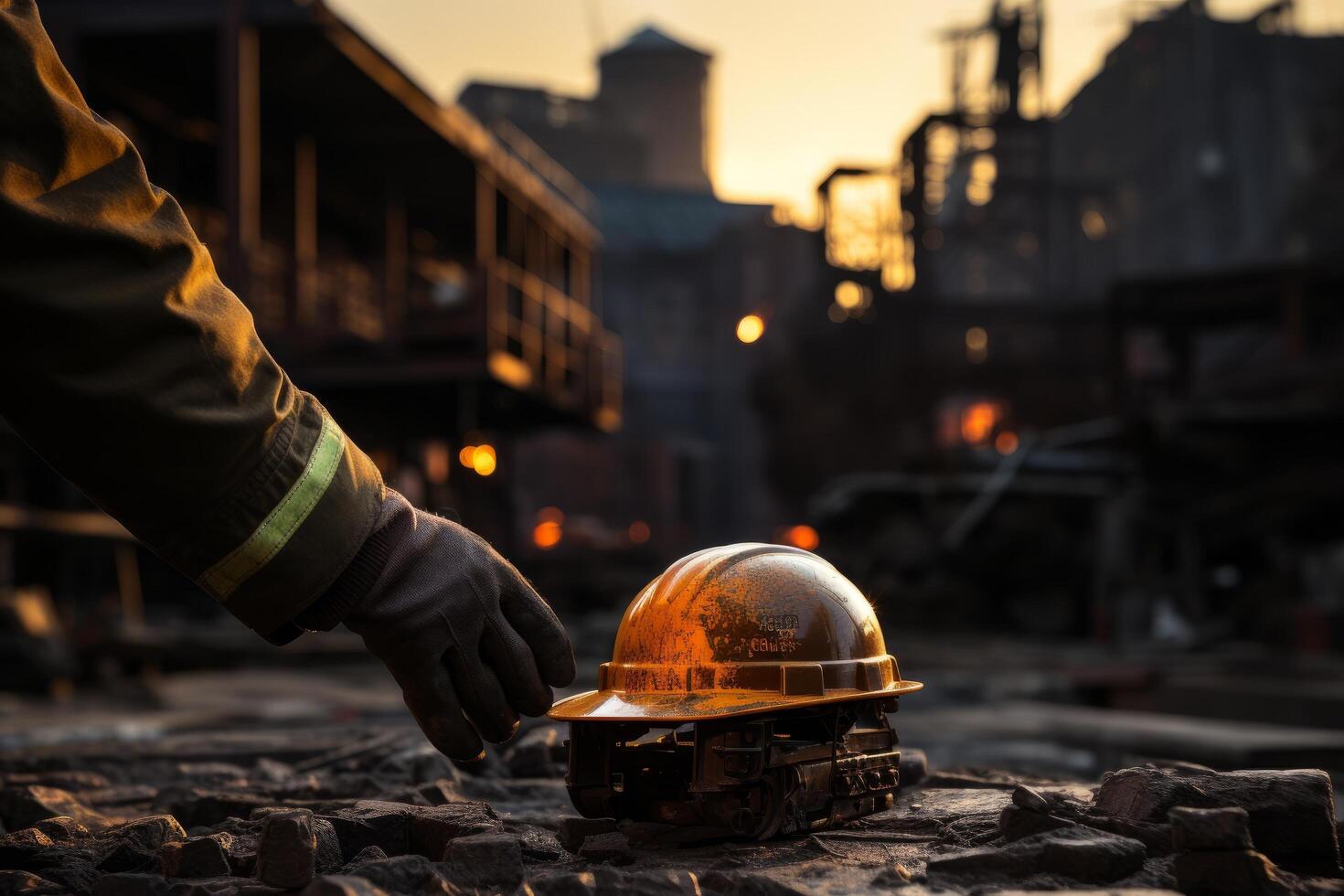 a construction worker takes the safety helmet at the sunset background, photo