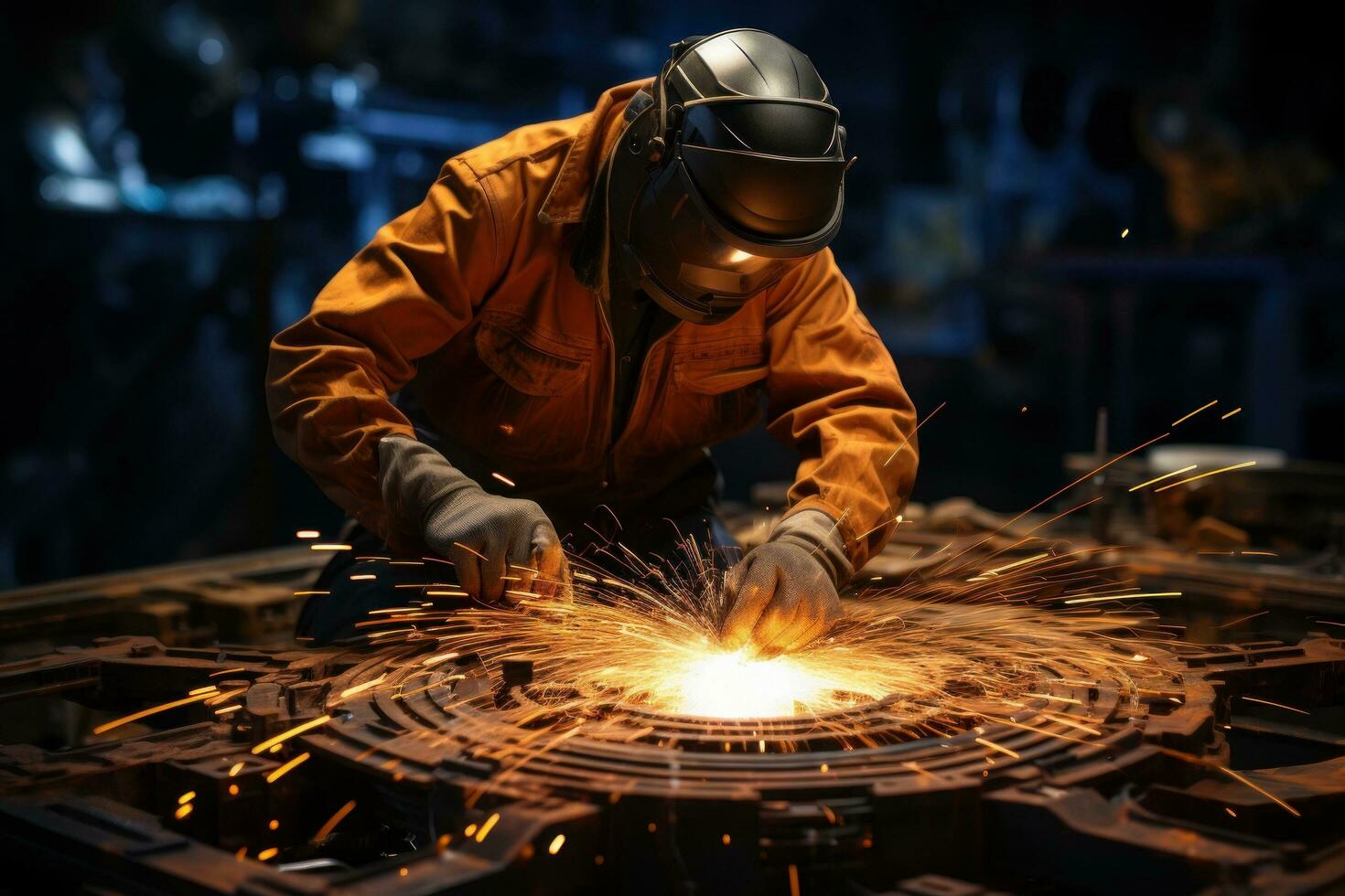 A man wearing a gas mask and working on a piece of metal Generative AI photo