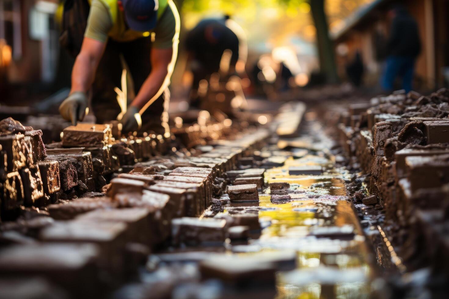 Teamwork on road sidewalk construction, photo