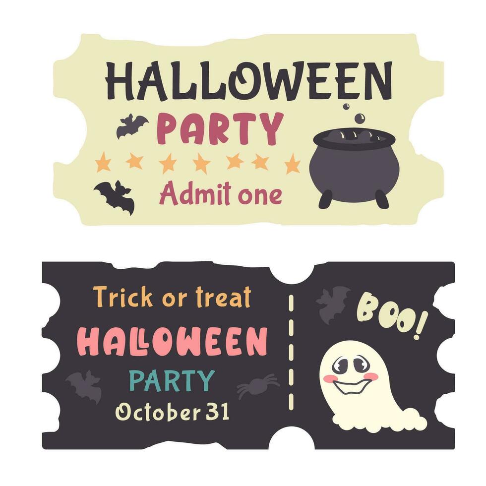 Set of Halloween tickets template with colorful text.Traditional hand drawn coupon isolated. Cute smily ghost, silhouette of bat, witch potion cauldron. Autumn holiday of dead. Vector illustration