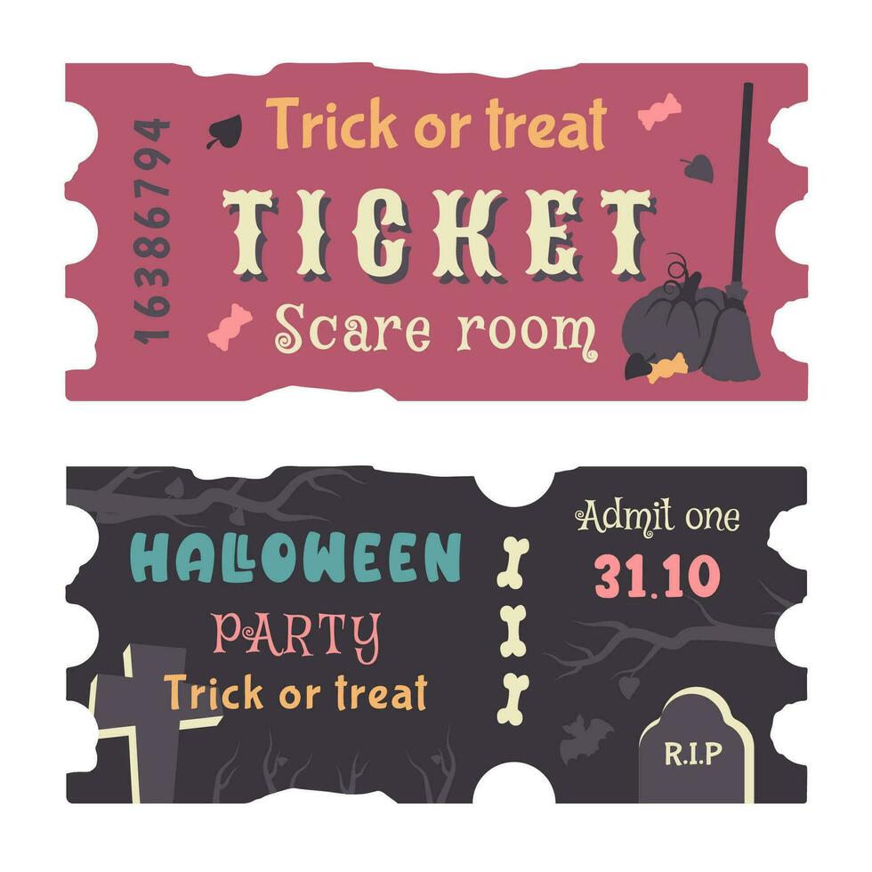 Happy Halloween. Set of holiday color tickets isolated. Different hand drawn template of coupon. Spooky cemetery, pumpkin, silhouette of bat, bones. Autumn holiday of dead. Vector cartoon illustration