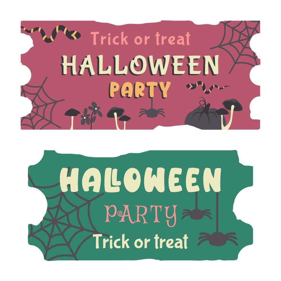 Set of Halloween tickets template with color text.Traditional hand drawn coupon and invitation isolated. Silhouette of spider, cobweb, pumpkin, snake. fall holiday of dead. Vector illustration