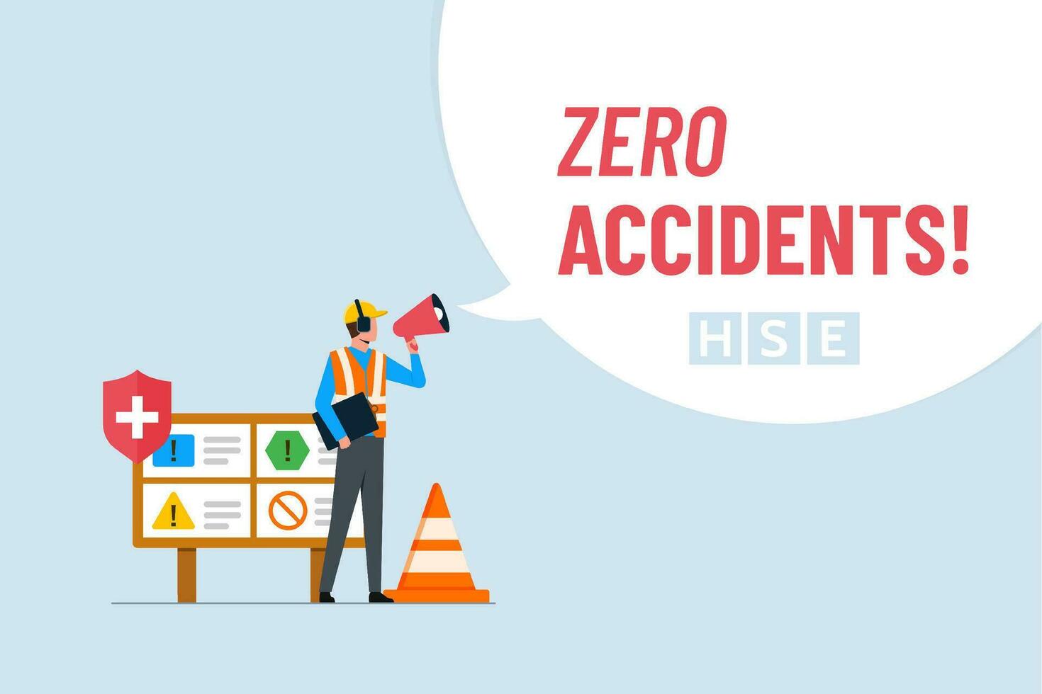 Health, safety and environment concept. Important strategy for preventing accidents at work. Zero accidents slogan with bubble shouting symbol vector