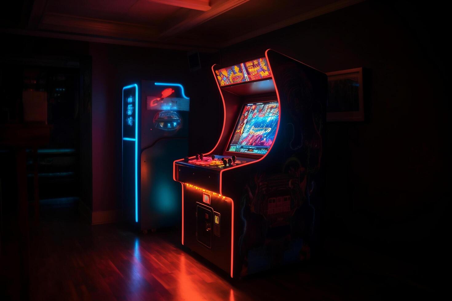 Arcade retro gaming machine at dark neon lighted room photo