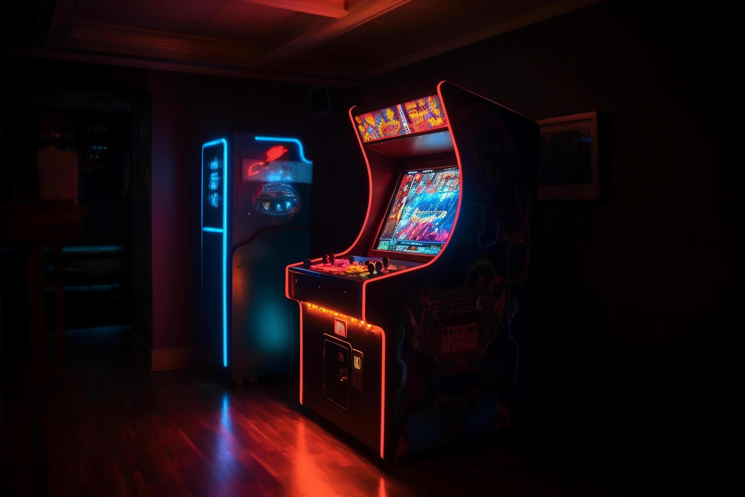 arcada retro juego de azar máquina a oscuro neón iluminado habitación generativo ai foto