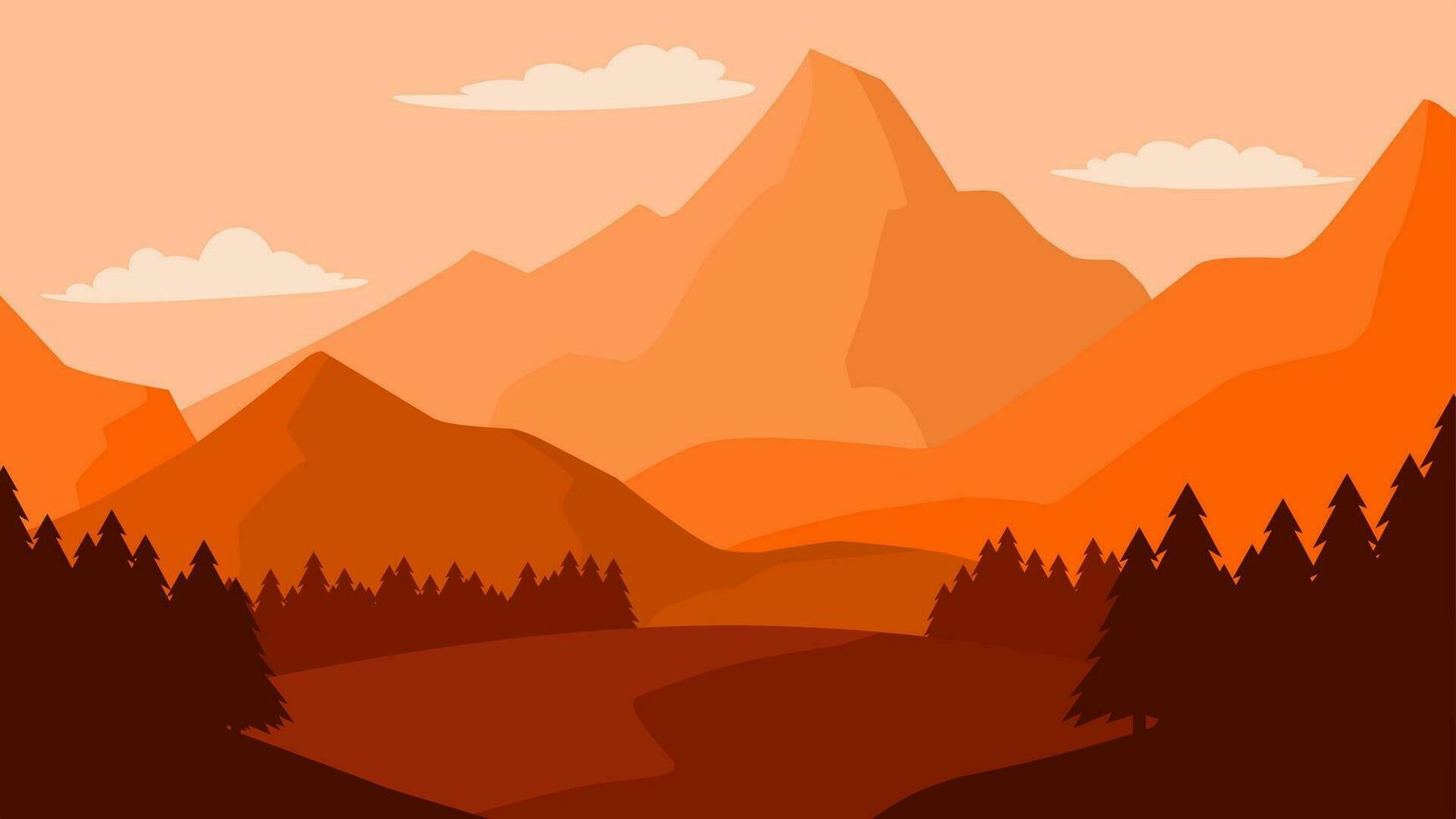 Mountain landscape vector illustration. Orange mountains ridge with pine forest. Mountain range landscape for background, wallpaper, display or landing page. Vector flat style panorama illustration