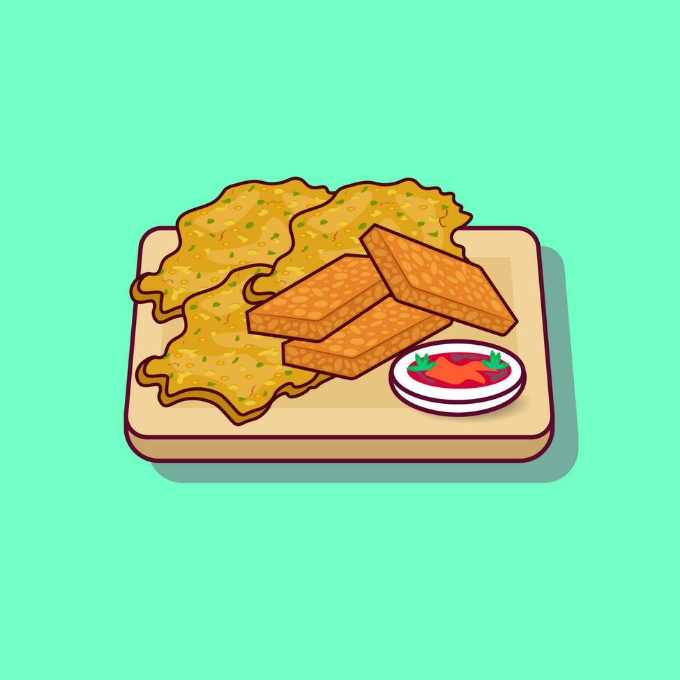 Detailed tempe and bakwan on wooden plate vector