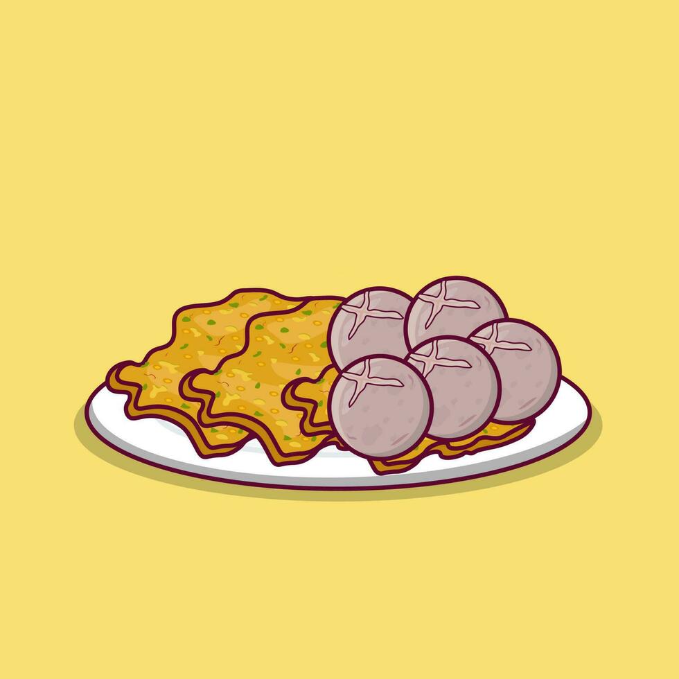 Detailed meatball and bakwan on wooden plate illustration for food icon vector