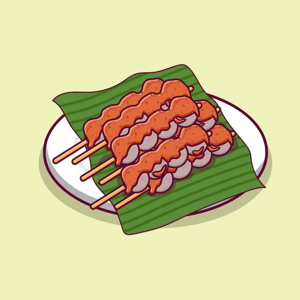 Detailed meatball satay on green leaf illustration for asian food icon vector