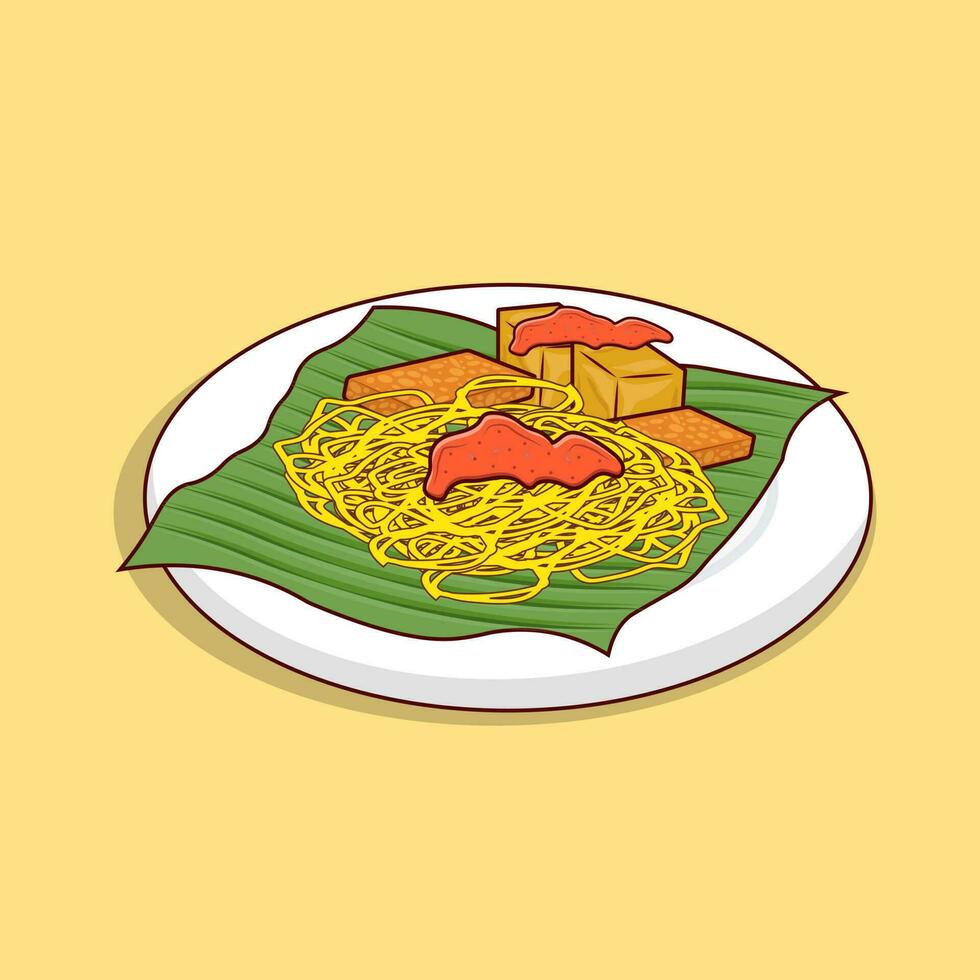 Detailed noodle, tofu and tempe illustration for asian food icon, noodle on green leaf on white plate for food icon illustration, traditional food vector