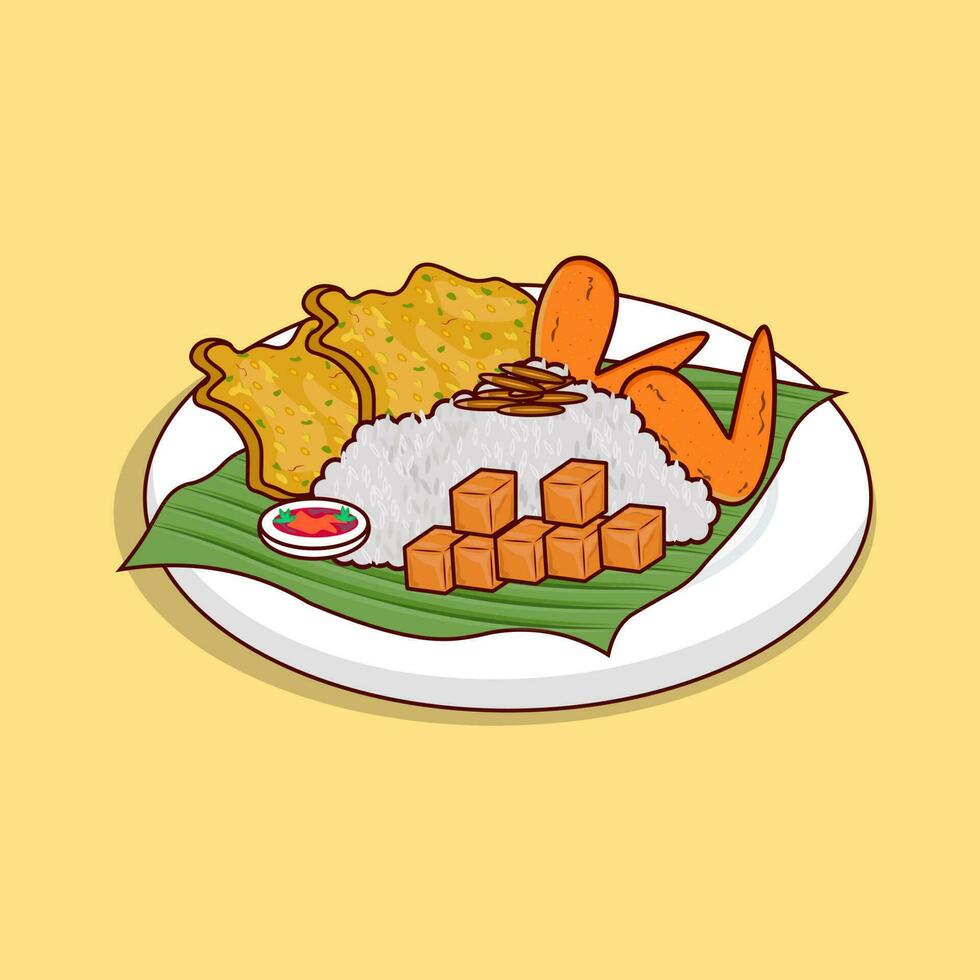 nasi lemak un tradicional comida con chile, tofu, pollo, en bakwan vector