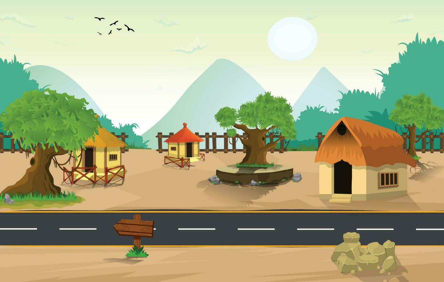 encantador naturaleza paisaje pueblo noche ilustración, con elegante plano diseño, camino, árboles, bandera y arena campo dibujos animados antecedentes vector