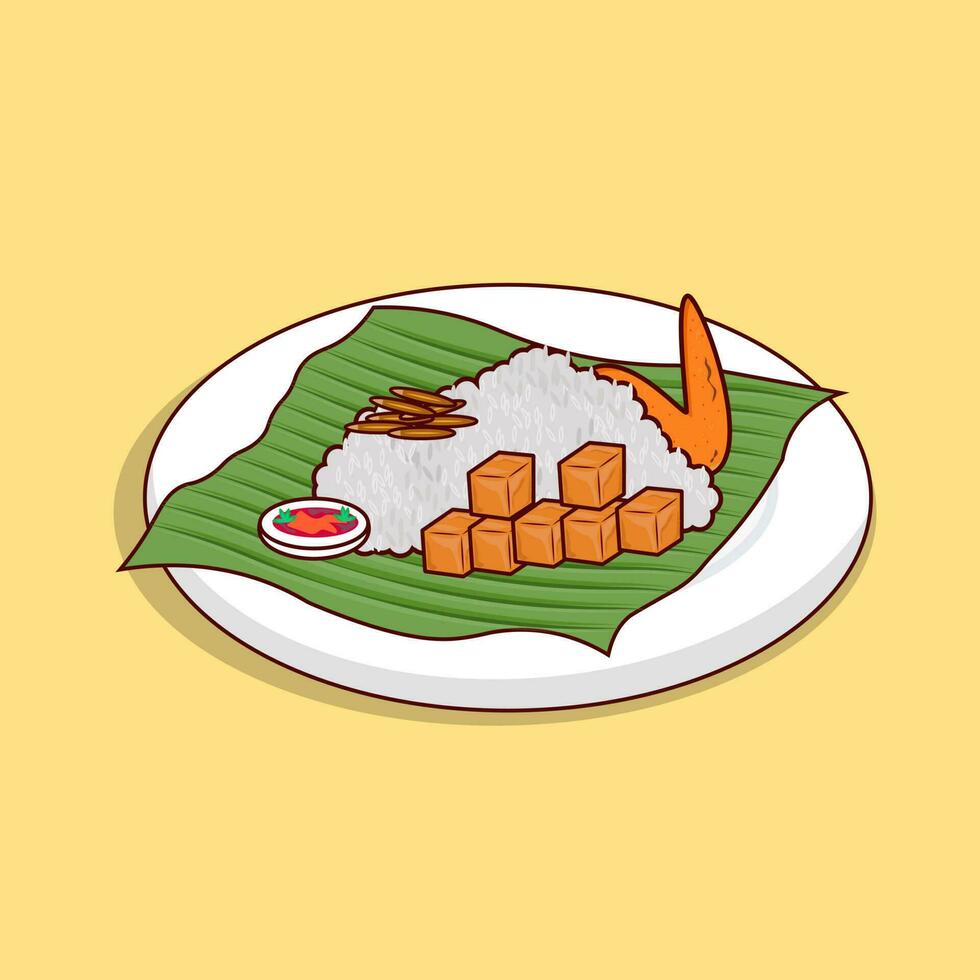 Detailed nasi lemak and tofu on plate illustration for food icon vector