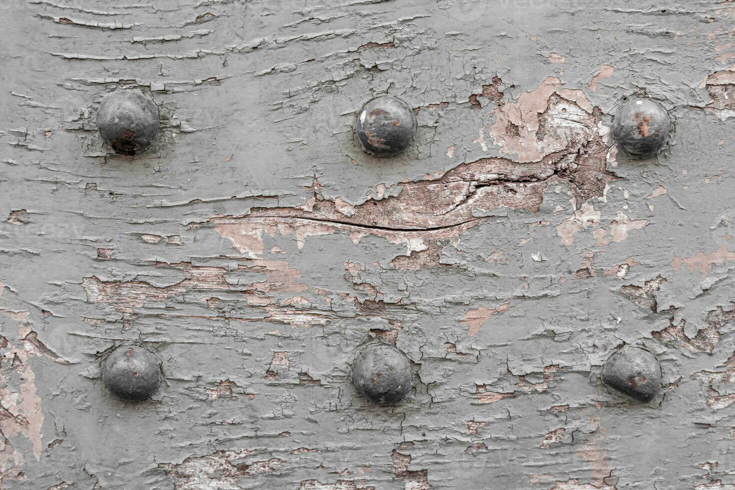close-up of a rotten wood panel with holes and studs photo