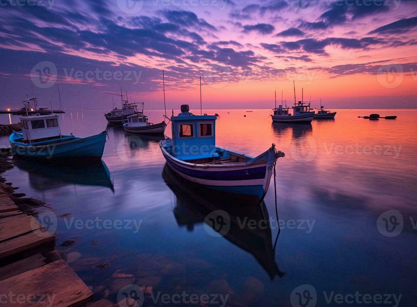 Colorful landscape stock photo of sunset over the ocean and boats.