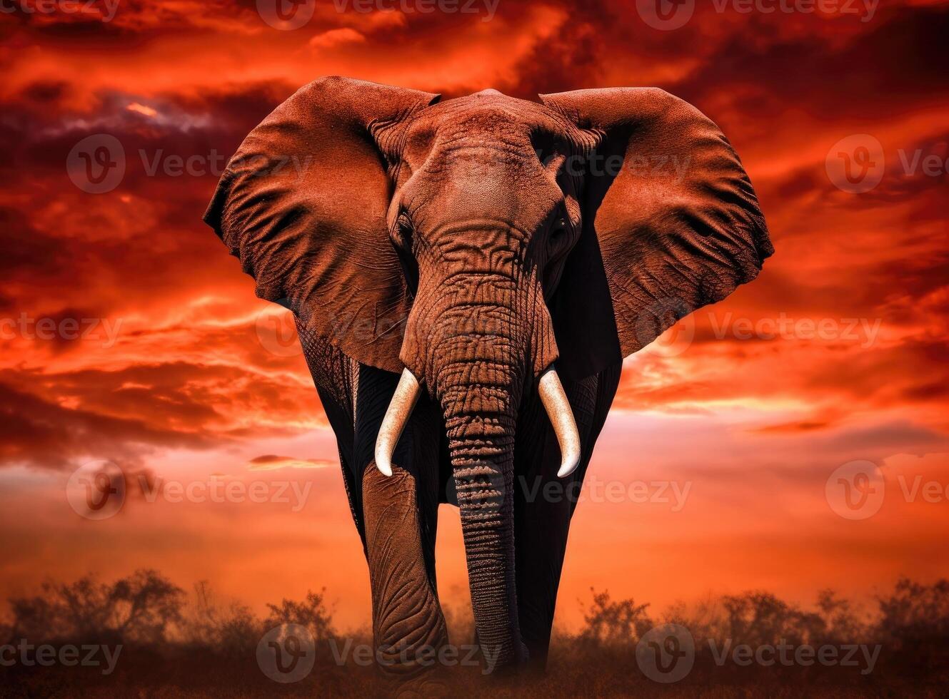 Elephant standing in front of intense sunset. . photo