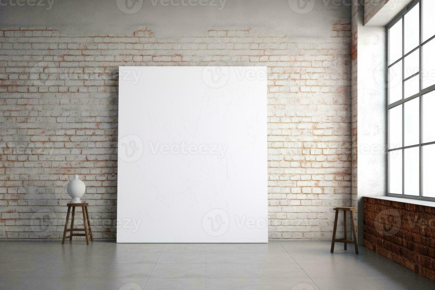 Blank canvas with brick wall in blank white room. Generative AI photo