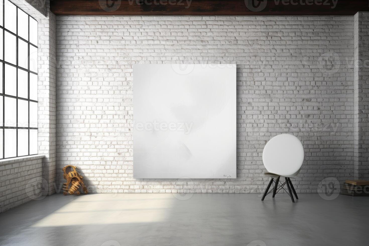 Blank canvas with brick wall in blank white room. Generative AI photo