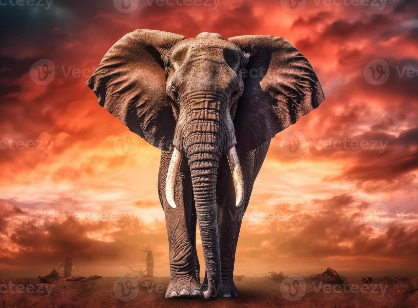 Elephant standing in front of intense sunset. . photo