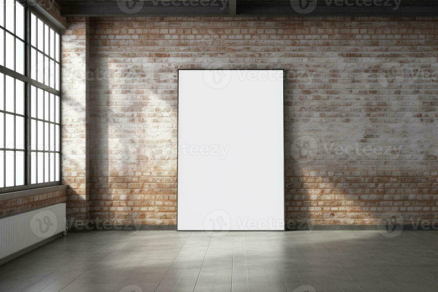 Blank canvas with brick wall in blank white room. Generative AI photo