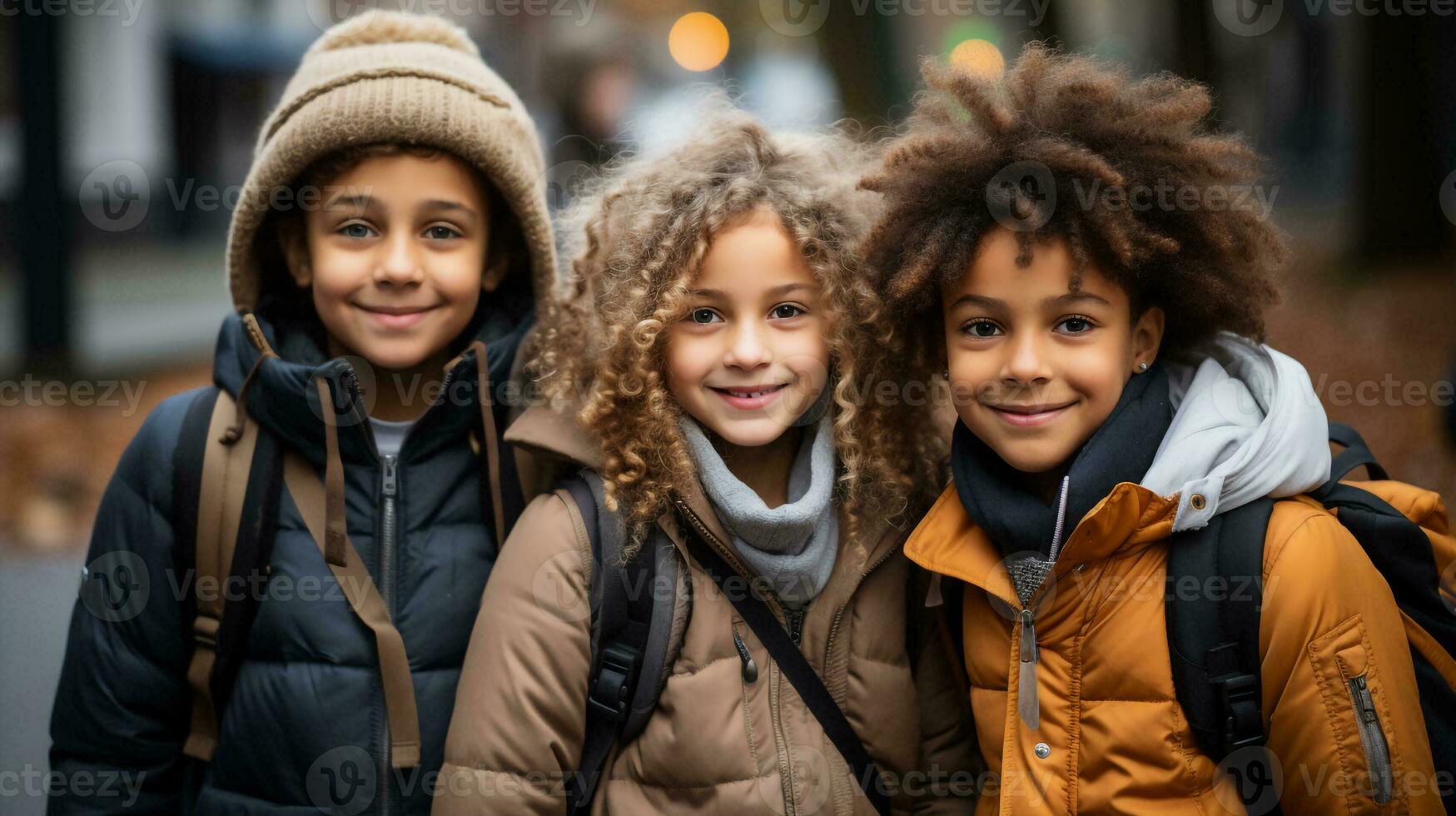 Group portrait of multiracial elementary going to school, Happy and smiling students with backpacks looking at camera walking with blurry autumn background,Education concept,Generative Ai photo