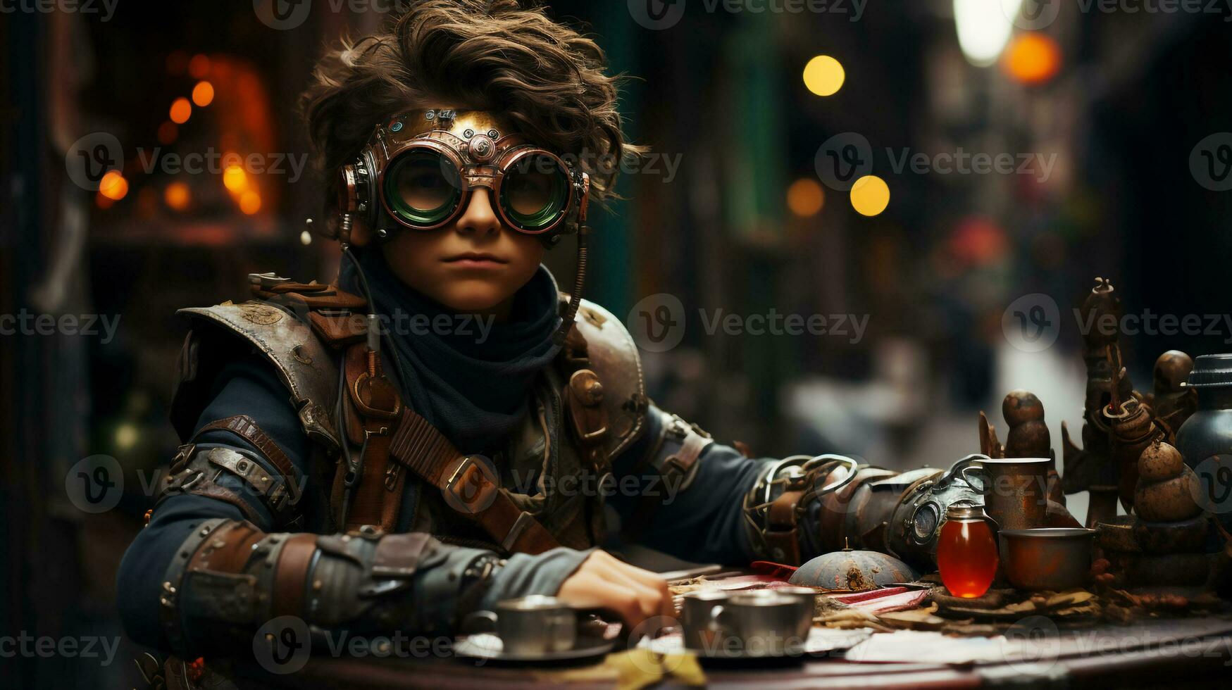 A Boy wearing goggle in steampunk style sitting at a computer, Teenager hacker sitting at old laptop in dystopian future with blurry street background,Generative Ai photo