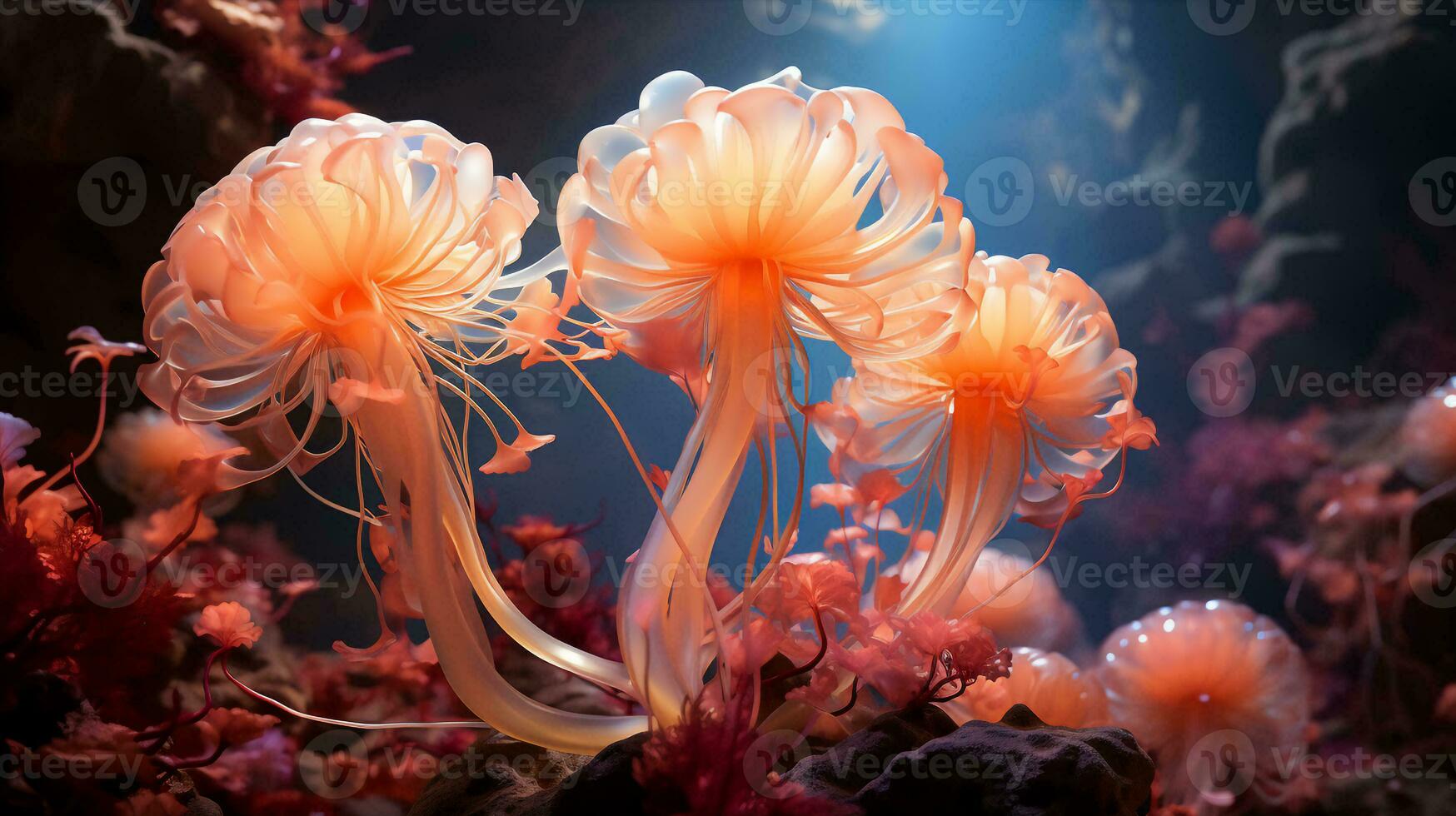 Jellyfishes with colorful tentacles under the sea, Generative AI. photo