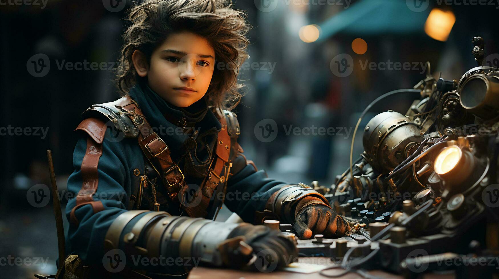 A Boy wearing goggle in steampunk style sitting at a computer, Teenager hacker sitting at old laptop in dystopian future with blurry street background,Generative Ai photo