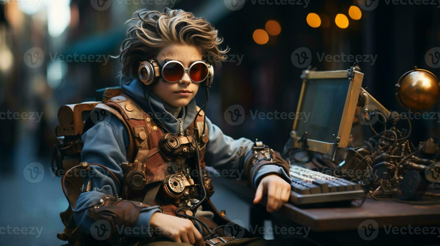 A Boy wearing goggle in steampunk style sitting at a computer, Teenager hacker sitting at old laptop in dystopian future woth blurry street background,Generative Ai photo