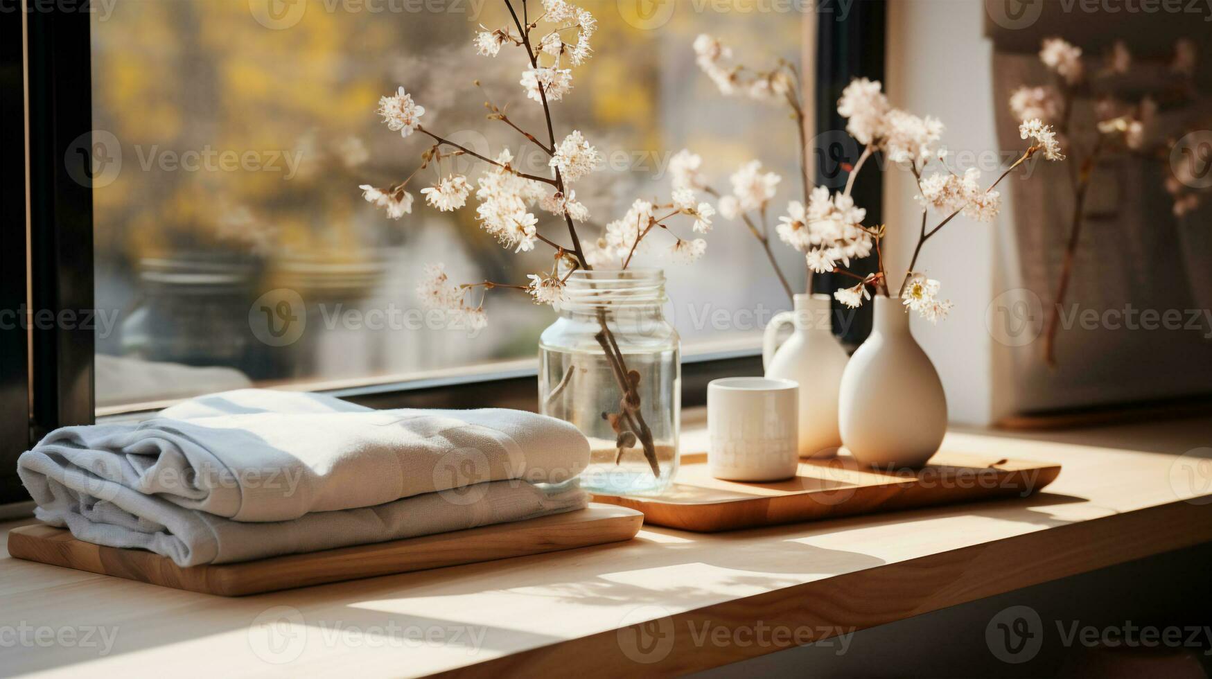 Apartment or House bedroom window with pajama and flowers decoration on wooden top bar with morning light, Generative Ai photo